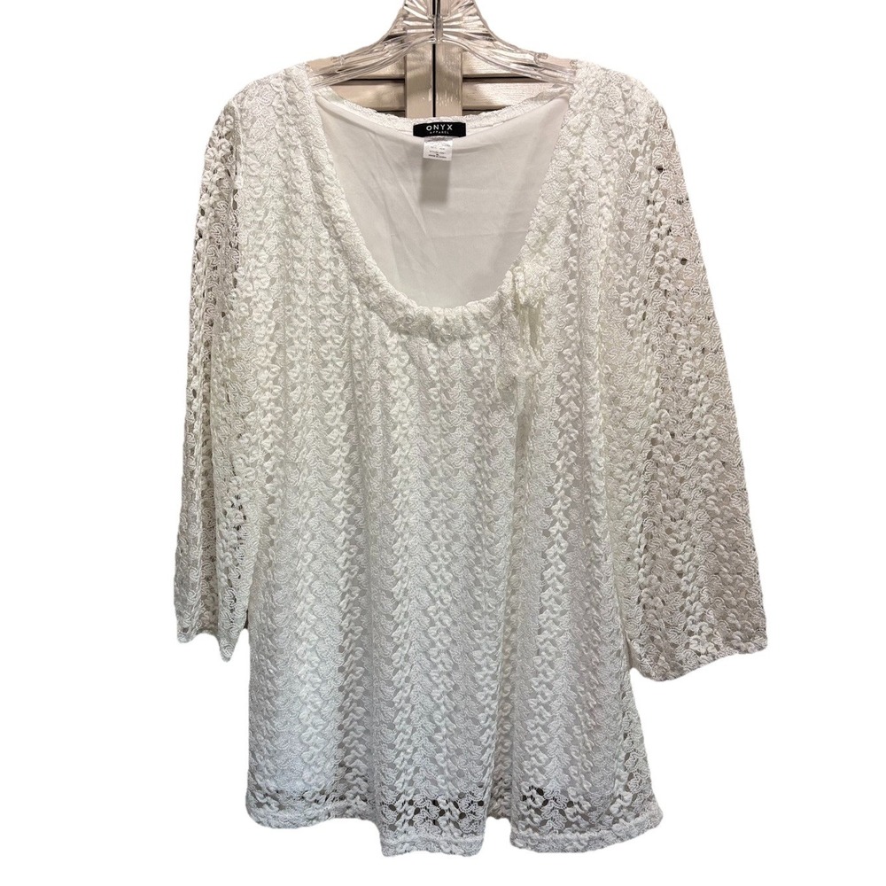 ONYX Apparel White Lace 3/4 Sleeve Blouse‎ Size XL Scoop Neck Bow Lined